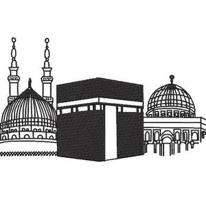 May include: A monochrome line drawing depicting Islamic architectural landmarks. The image features the Kaaba, a mosque with twin minarets, and a domed building. The design is set against a plain white backdrop, highlighting the detailed outlines.