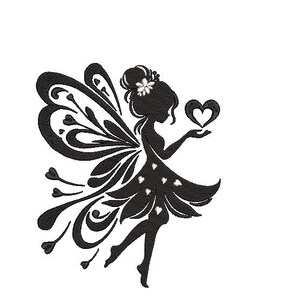 May include: A black silhouette graphic of a fairy with large, ornate wings featuring heart-shaped cutouts. The fairy has a flower in their hair and is holding a heart shape in their hand, with small heart accents floating around the dress.