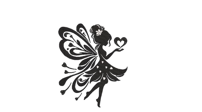 May include: A black silhouette graphic of a fairy with large, ornate wings featuring heart-shaped cutouts. The fairy has a flower in their hair and is holding a heart shape in their hand, with small heart accents floating around the dress.