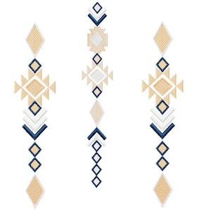 May include: Three vertical rows of geometric shapes in beige, white, and navy blue. The shapes are arranged in a symmetrical pattern, creating a modern and minimalist design.