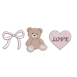 May include: Embroidered design featuring a pink bow, a brown teddy bear, and a pink heart with the word "LOVE". The elements are stitched on a white background. Ideal for baby-themed crafts.