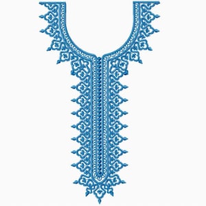 May include: A blue embroidered neckline design with intricate patterns. This design is perfect for adding a touch of elegance to any garment.