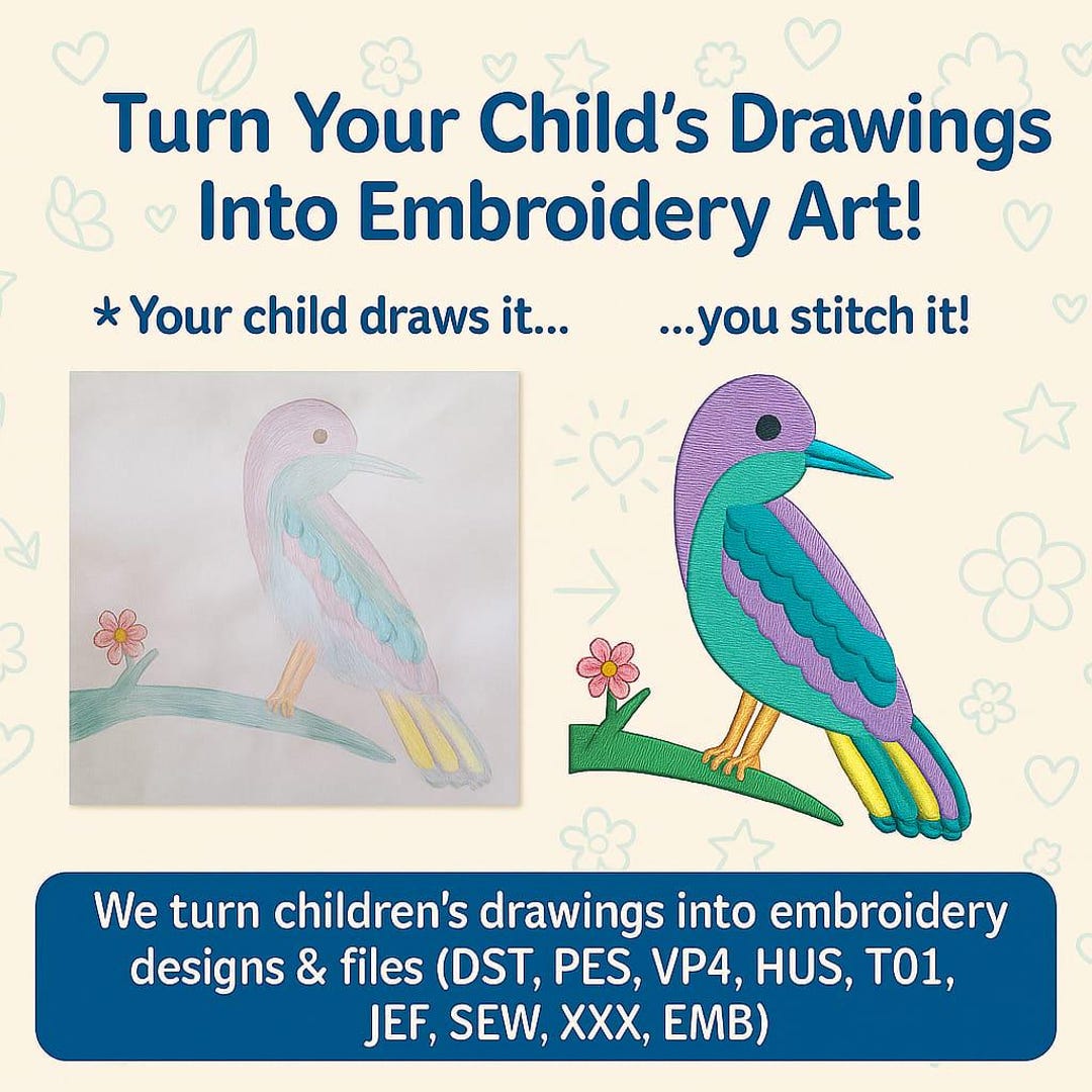 Kids Drawing to Embroidery Pattern, Custom Children's Art, Digitizing ...