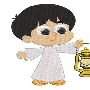 May include: A cartoon illustration of a young boy wearing a white robe and holding a golden lantern. The boy has black hair and brown eyes.