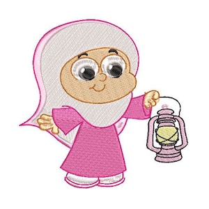 May include: A cartoon illustration of a young girl wearing a pink headscarf and dress, holding a pink lantern with a yellow flame.