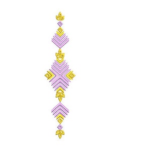 May include: Vertical embroidery design featuring a series of geometric shapes and floral accents. The design uses a color palette of lavender, yellow, and gold. The pattern is symmetrical and suitable for various craft projects.