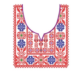 May include: Red, white, and blue embroidered neckline design with a purple outline. The design features floral and geometric patterns.