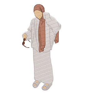 May include: A woman wearing a white jacket with a brown scarf and brown sandals. She is holding a pair of sunglasses.