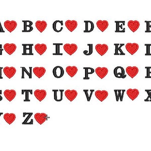 Padrão de bordado de alfabeto e coração, máquina de bordar letras de coração, letras de A a Z e download instantâneo de coração