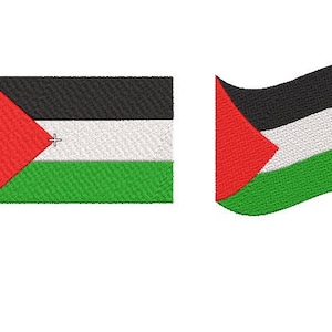 Op de afbeelding: Twee versies van de Palestijnse vlag. De ene is een standaard rechthoekige vlag, de andere wappert in de wind.