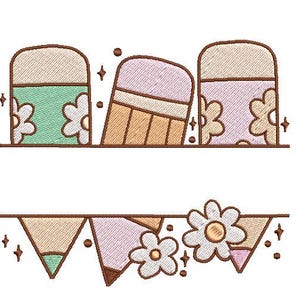 May include: An embroidered design featuring three erasers with floral accents and a banner of pencils and pennants. The color palette includes pastel green, pink, and beige, with a whimsical, school-themed aesthetic.