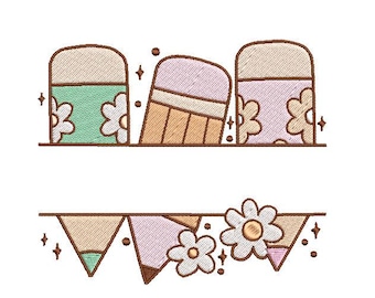 May include: An embroidered design featuring three erasers with floral accents and a banner of pencils and pennants. The color palette includes pastel green, pink, and beige, with a whimsical, school-themed aesthetic.