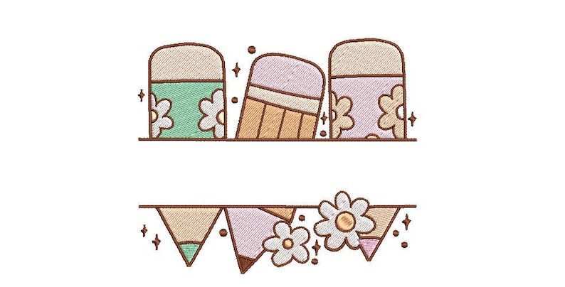 May include: An embroidered design featuring three erasers with floral accents and a banner of pencils and pennants. The color palette includes pastel green, pink, and beige, with a whimsical, school-themed aesthetic.
