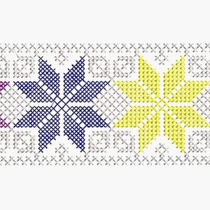 Puede incluir: Una fila de cuatro estrellas bordadas en morado, azul, amarillo y azul claro sobre un fondo blanco.