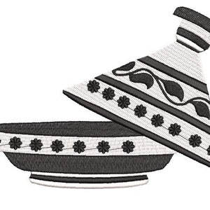 Peut inclure: Une tagine en céramique noire et blanche avec un couvercle. La tagine est décorée d'un motif de feuilles et de fleurs.