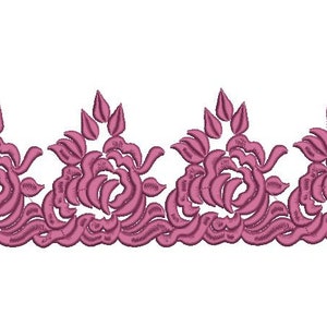 May include: A pink floral border design with a repeating pattern of stylised roses and leaves.