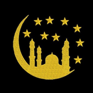 Può includere: Una mezzaluna dorata con una silhouette di una moschea e stelle al suo interno. Il design è su uno sfondo nero.
