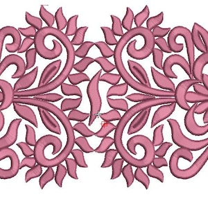 Puede incluir: Un diseño de bordado floral rosa con detalles intrincados, que presenta enredaderas en espiral y flores delicadas. Este diseño es perfecto para agregar un toque de elegancia a cualquier proyecto.
