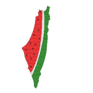 May include: A stylized image of a watermelon slice in the shape of a country. The red fruit has black seeds and is bordered by a green rind. The design is set against a white background.