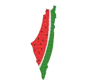 May include: A stylized image of a watermelon slice in the shape of a country. The red fruit has black seeds and is bordered by a green rind. The design is set against a white background.