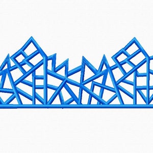 Puede incluir: Un diseño geométrico azul con una forma dentada en forma de corona. El diseño está formado por cuadrados y triángulos superpuestos.