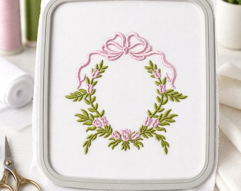 Floral Wreath Embroidery Design with Pink Bow, Flower Frame Embroidery (Digital Download)