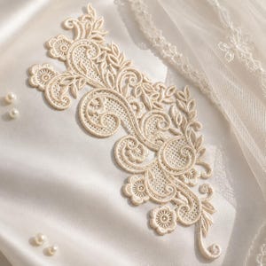 Può includere: Un'applicazione in pizzo color avorio caratterizzata da un intricato ricamo floreale e di viticci con una trama a rete. Il design è composto da petali e foglie interconnessi, accentuato da piccole perle bianche rotonde nelle vicinanze.