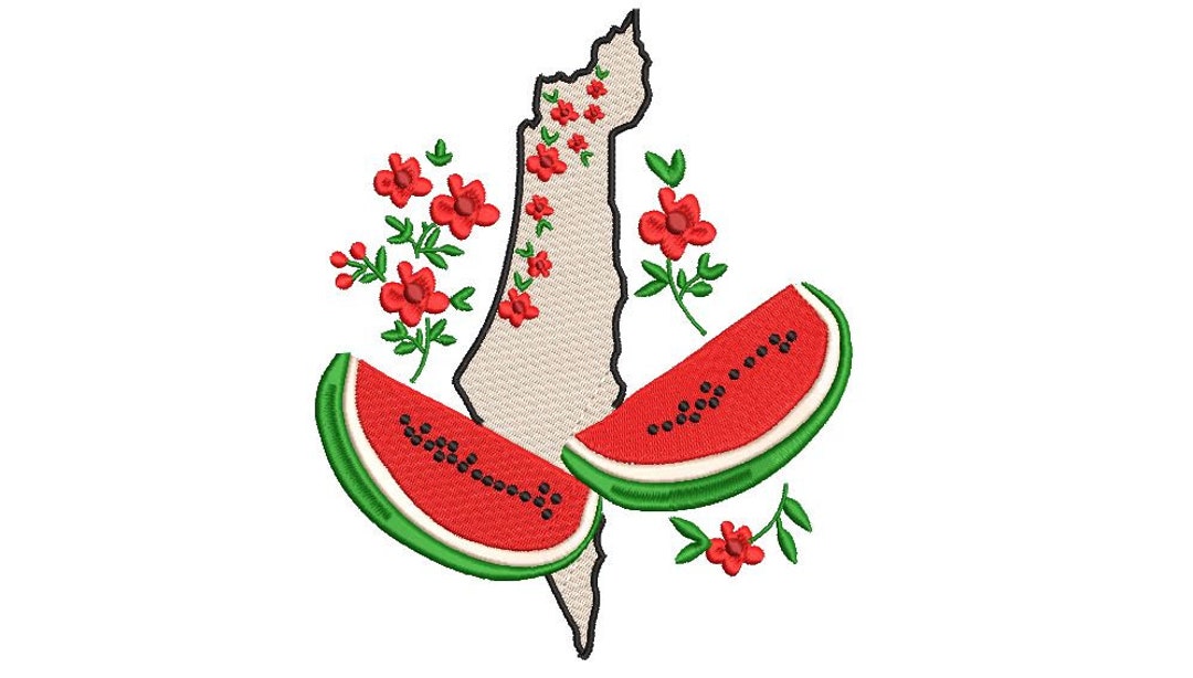 Sugar polyester shawl with Palestine map embroidery and the word Palestine in brown main image 1