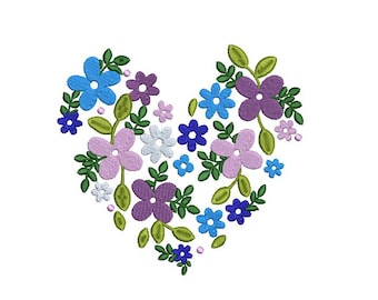 Floral Heart Embroidery Design, Flower And Leaf Pattern, Heart Embroidery Pattern, Digital Flowers Embroidery File, Instant Dowload, 4 sizes