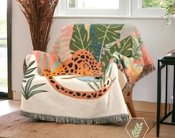 Frau und Leopard werfen Decke, Jacquard Wandteppich, Boho Wohndekor, Tier Decke werfen, Sofa Couch werfen, Dekoration