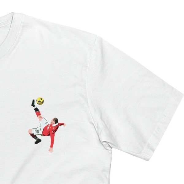 Wayne Rooney 'Bicycle Kick' Manchester Utd Football T-Shirt / EPL / Premier League / Red Devils Soccer / White / Front only Graphic Tee