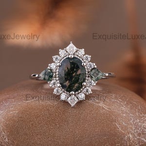 Moss Agate Engagement Ring | 2 Carat Oval Ring | Moissanite Halo | 14K White Gold | Nature Inspired Promise Ring | Anniversary Gift