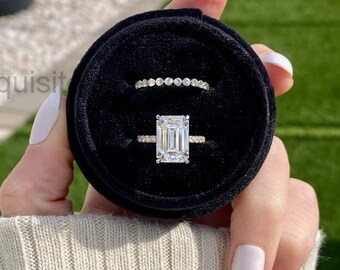 Emerald Cut Moissanite Engagement Ring Set  | 14K Gold Solitaire Ring with Matching Band | Bridal Wedding Ring for Her
