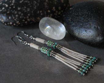 Beaded Matte Tassel Earrings • Toho seed beads • ecru, turquoise, silver • surgical steel