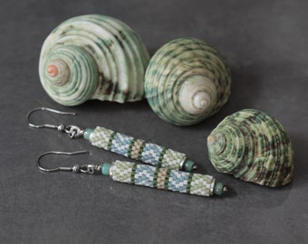 Peyote Beaded Earrings • Miyuki beads • green, blue, beige • surgical steel