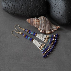 Beaded Tassel Earrings • Miyuki beads • , blue, cobalt, ecru, bronze • 24K Gold Plated