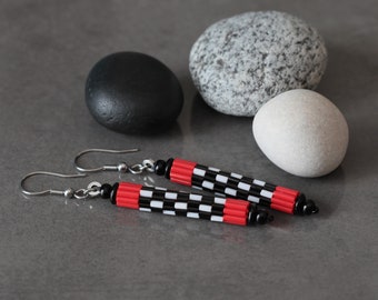 Pop-Art Peyote Beaded Earrings • Miyuki beads • red, black, white • surgical steel