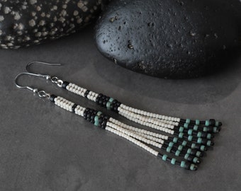 Beaded Matte Tassel Earrings • Toho seed beads • ecru, black, turquoise, matte beads • surgical steel