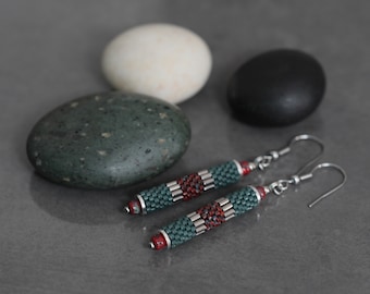 Peyote Beaded Earrings • Miyuki beads • dark green, red, silver • surgical steel