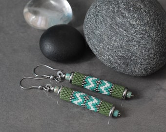 Peyote Beaded Earrings • Miyuki beads • green, white • surgical steel