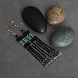 Tile Beaded Earrings • black tiles, superduo, turquoise, bronze • 24K Gold Plated