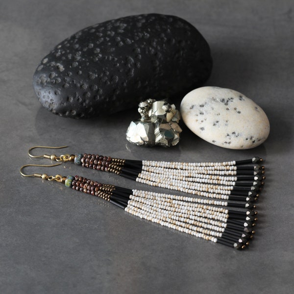 Long Beaded Tassel Earrings, made of Toho and Czech seed beads, in marble brown, ecru and black