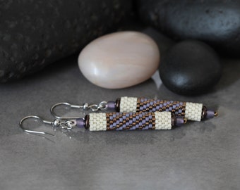 Matte Peyote Beaded Earrings • Miyuki beads • ecru, violet • surgical steel