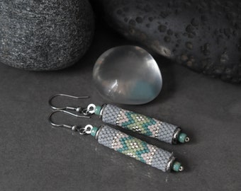 Pastel Peyote Beaded Earrings • Miyuki beads • soft grey, green • surgical steel