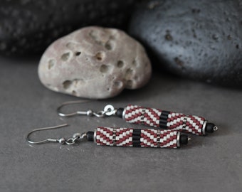 Peyote Beaded Earrings • Miyuki beads • black, white, dark red • surgical steel