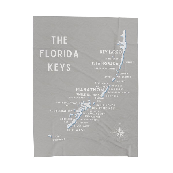 Florida Keys Map Velveteen Plush Blanket - Cozy Nautical Home Decor, Perfect Gift for Beach Lovers and Travel Enthusiasts - grey