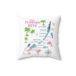 Coussin décoratif carte peinte des Keys de la Floride - décoration côtière, accent de canapé tropical, coussin maison de plage, coussin nautique, cadeau pour amoureux des cartes