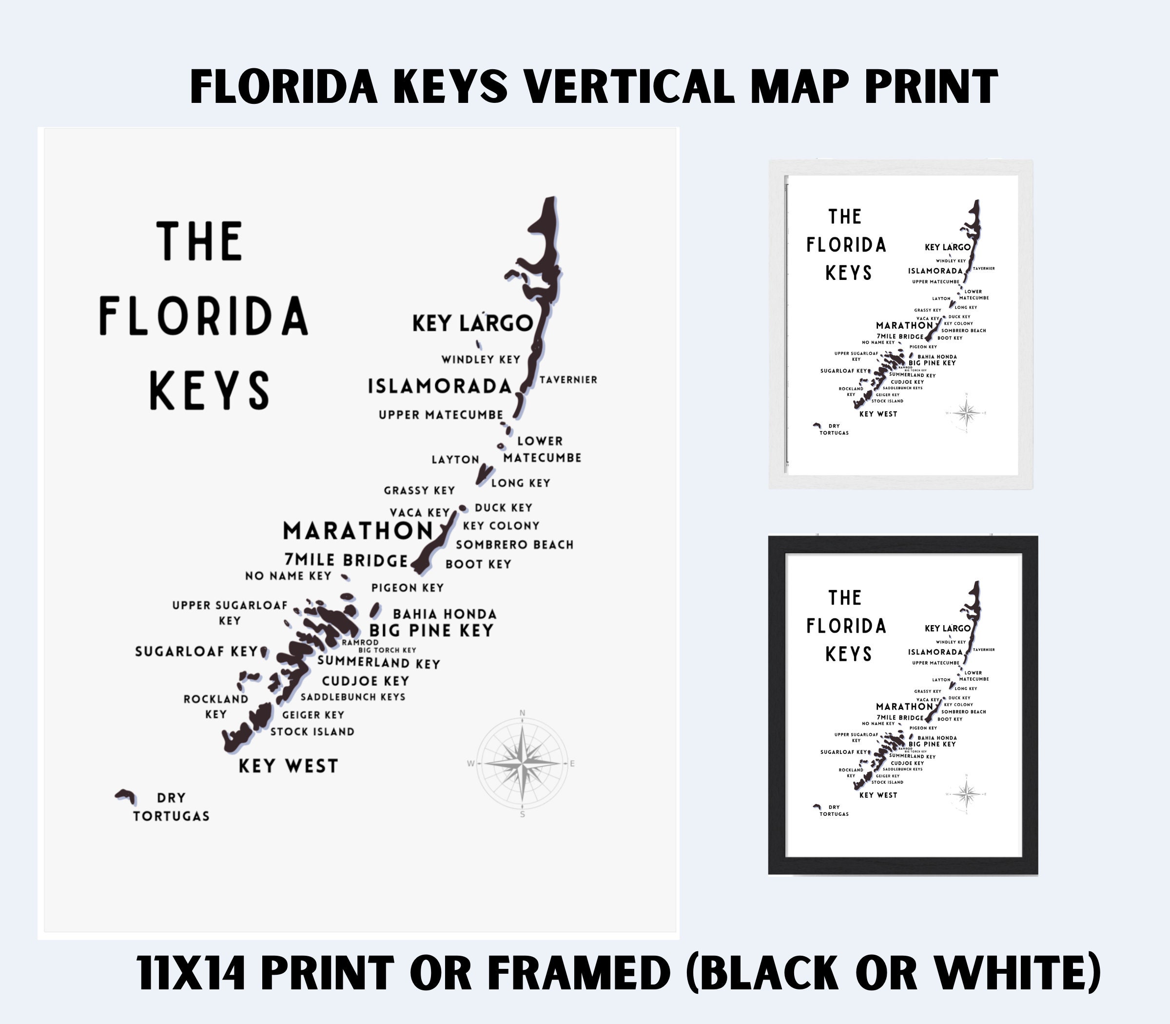 Florida Keys Map Keys Silhouette Black & White Wall Art Vertical Map