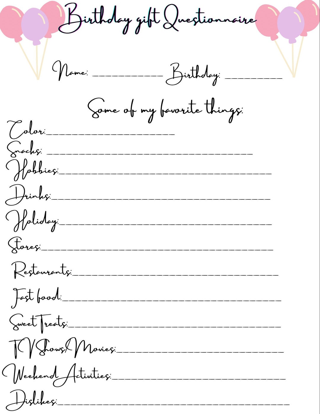 Birthday Gift Questionnaire Form Etsy