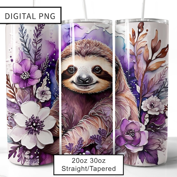 Skinny 20oz Sloth Tumbler Sublimation Art Designs Purple Flowers Digital File PNG Straight Tapered Wraps 30oz Tumblers Wrap Design Floral.